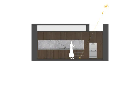 An architectural drawing of a modern kitchen featuring wooden cabinets and marble countertops.