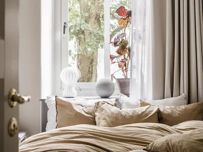 A minimalist bedroom featuring a bed with beige bedding, a potted plant, and sheer curtains.