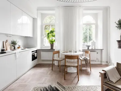 Modern minimalist apartment kitchen and living room with white cabinets, wooden flooring, and potted plants.