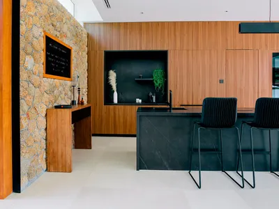 Modern kitchen interior featuring wood-paneled walls and black marble countertops