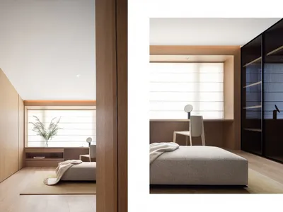 Modern minimalist bedroom with wood furniture and a large window.