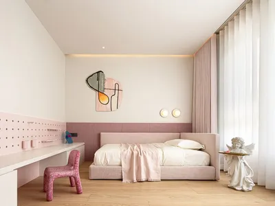 Minimalist bedroom featuring a fabric bed with wooden frame and glass lighting.