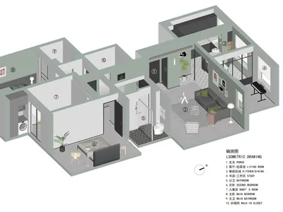 現代公寓客廳與廚房格局的等角圖，展現當代設計元素。