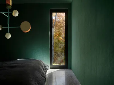 A minimalist bedroom featuring a concrete floor, green walls, and a window showcasing autumn trees.