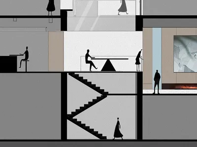 混凝土樓梯剖面示意建築圖，呈現混凝土材質細節。