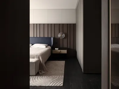 現代臥室以簡約家具與木質牆板打造時尚舒適的居住空間。