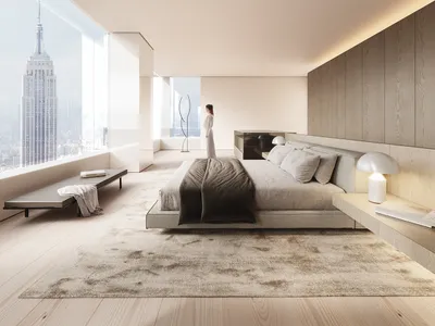 A modern minimalist bedroom featuring a wooden platform bed, a large window overlooking the city, and sleek, minimalist furni