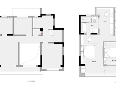 現代兩房公寓平面圖，展示客廳、廚房、臥室及衛浴等各個空間。