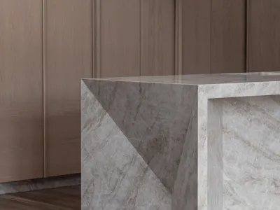 A minimalist interior design featuring a marble counter.