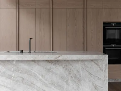 Modern kitchen with marble countertops and wooden cabinets
