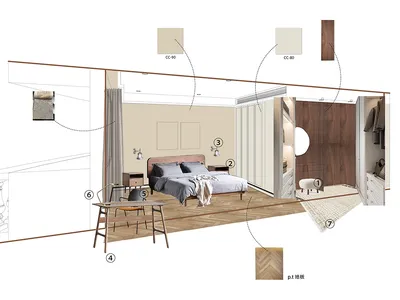 Modern bedroom with brown furniture, wood flooring, and minimalist design.