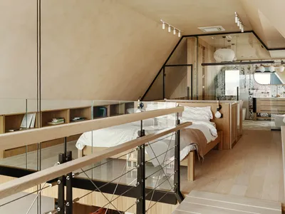 Modern minimalist bedroom featuring wood and glass materials.