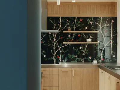 Contemporary residential kitchen featuring wooden cabinets, glass backsplash, and minimalistic design