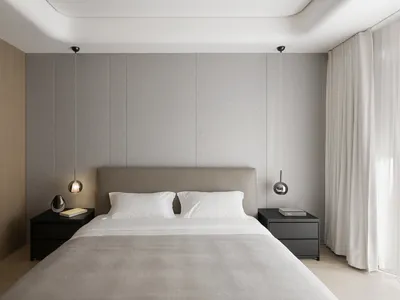Neutral-toned bedroom featuring a minimalist layout with a clean, uncluttered design.