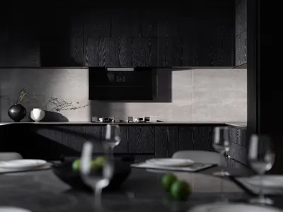 A modern minimalist kitchen with concrete countertops, black cabinets, and white appliances.