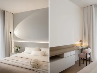 A minimalist bedroom with neutral materials and a large window.