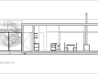 客廳的建築剖面圖，採用混凝土與玻璃材質。