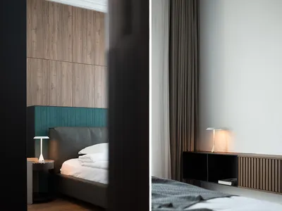 Bedroom with modern minimalist design featuring wood paneling, leather headboard, and fabric bedding.