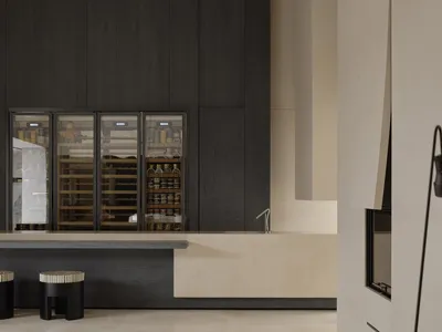 A modern minimalist mini kitchen with marble countertops and dark wooden cabinets.