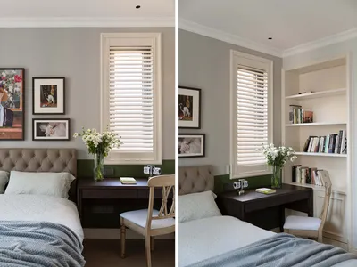A bedroom interior with neutral colors and a cozy atmosphere.