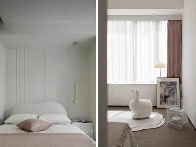 A minimalist bedroom with neutral-colored materials and soft, plush furnishings.
