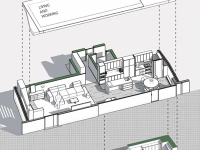 現代平面圖展示結合廚房與客廳的開放式空間，搭配當代設計元素。