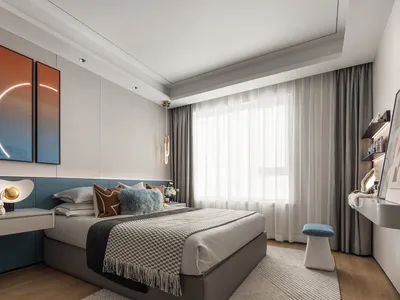 A modern bedroom with contemporary design elements, featuring a bed with blue and brown bedding, and a blue and white rabbit-