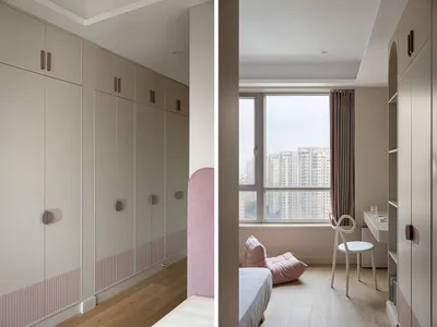 Modern neutral-toned bedroom with wooden floors, large windows, and a sleek design.
