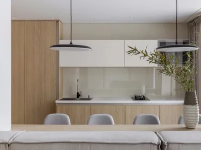 Contemporary residential kitchen featuring light wood cabinets and glass countertops.