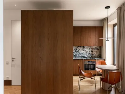 Modern kitchen with wooden accents and marble countertop