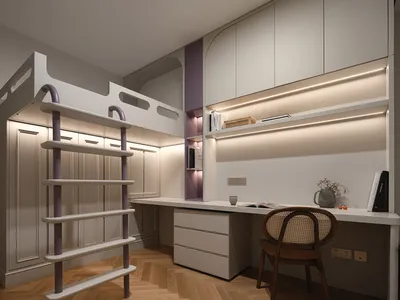 A minimalist bedroom with a white bunk bed, wooden floor, and built-in storage.