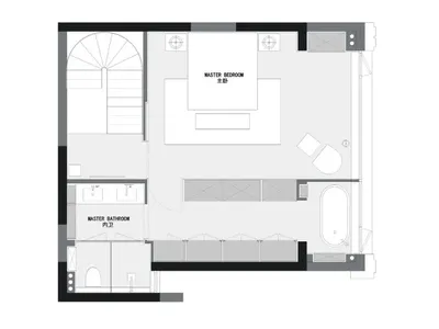 現代臥室套房的平面圖，採用木質、玻璃與混凝土材質。