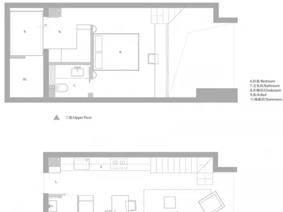 詳細的建築平面圖，顯示樓梯、儲藏區、客廳、餐廳與平台空間