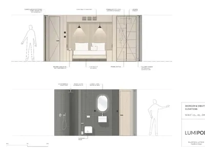 An interior design for a modern bedroom featuring fabric bedding and wooden furniture.
