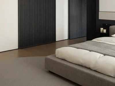 Modern minimalist bedroom with wood-textured walls, neutral color palette, and minimal furniture.