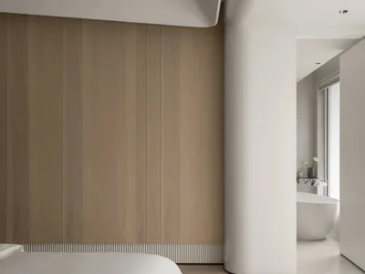 Modern minimalist bedroom featuring a white bed with wooden headboard and white concrete floor.