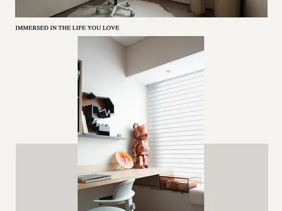 A modern home office featuring a wooden desk with shelves, a chair, and a view of the window with blinds.