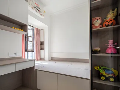 A modern minimalist bedroom with white walls, wooden furniture, and playful toys on shelves.