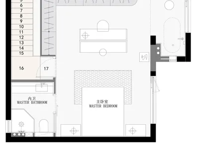 An architectural floor plan of a modern bedroom showing furniture placement, dimensions, and spatial composition.