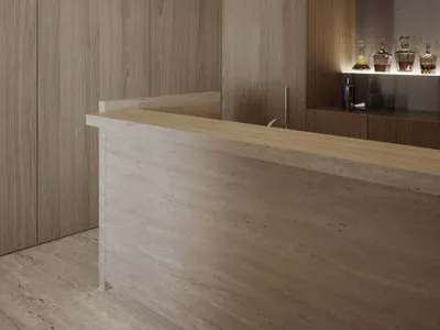 A minimalist hotel bar with wooden accents and a sleek, modern design.