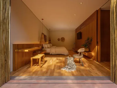 A modern minimalist bedroom featuring wooden elements and a cozy ambiance.