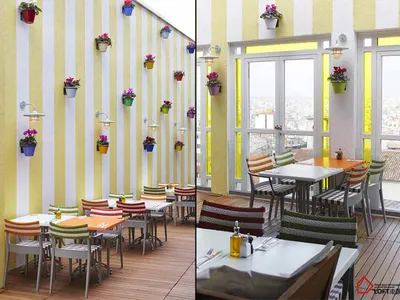 Outdoor seating area of a coffee shop with concrete walls and glass windows.