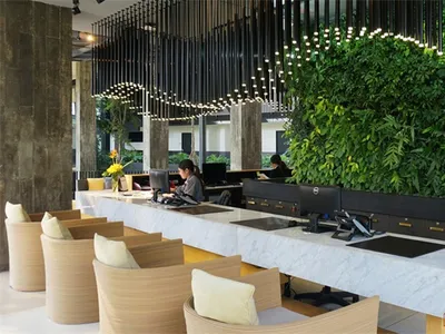 A modern hotel reception area featuring a large green wall and concrete finishes