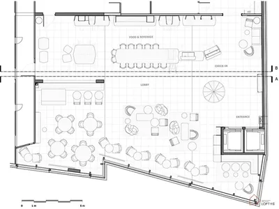 Floor plan of a hotel lobby with seating arrangements, a food & beverage area, and check-in counters.