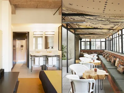 Contemporary restaurant interior with concrete floors and ceiling, featuring modern furniture and design.