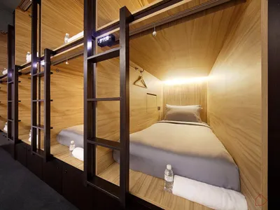 A minimalist bedroom with wooden walls and bed frame, featuring a ladder for easy access to the sleeping area.
