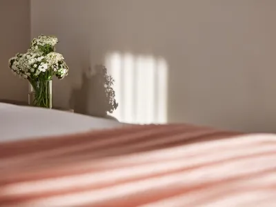 臥室內的花瓶花卉佈置，在粉色毯子上投下陰影。