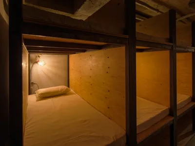 Modern minimalist bedroom with wood paneling and a single bed.