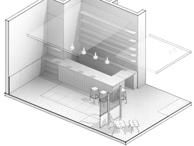 Modern restaurant with white concrete counter and white shelves