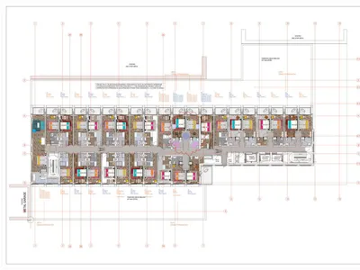 Floor plan of a hotel room layout with detailed sections and labels.